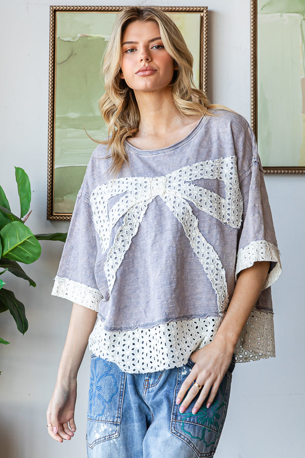 WASHED RIBBON PATCHWORK SHORT SLEEVE OVERSIZED TOP
