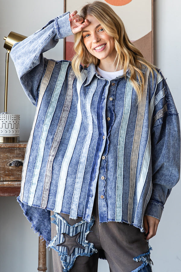 WASHED STRIPED PATCHWORK DENIM SHACKET