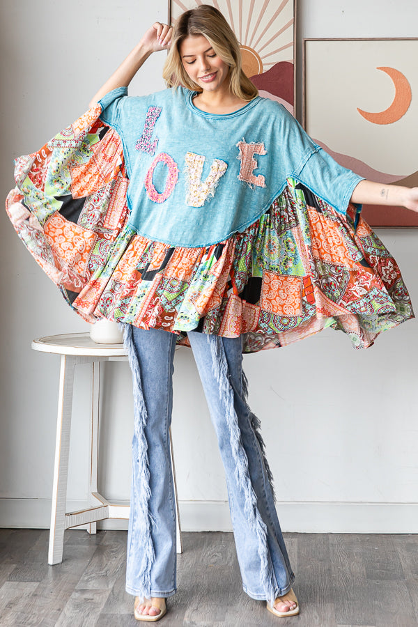 WASHED ROUND NECK LOVE PATCHWORK RUFFLE HEM TOP