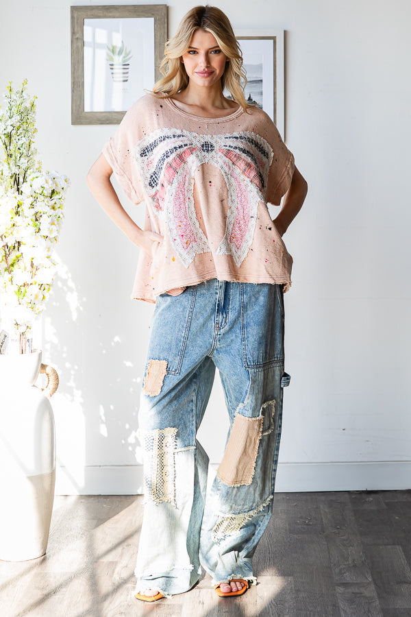 PAINT SPLATTER DETAIL RIBBON PATCHWORK TOP