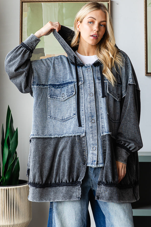 WASHED COLORBLOCK HOODED BUTTON DOWN JACKET