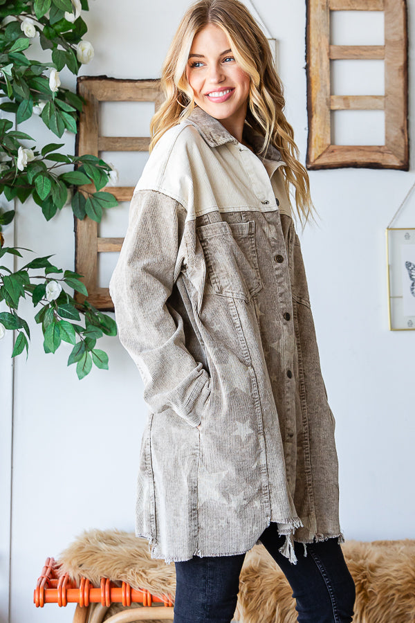 WASHED COLORBLOCK STAR PRINT DETAIL SHACKET