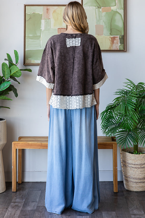 WASHED RIBBON PATCHWORK SHORT SLEEVE OVERSIZED TOP