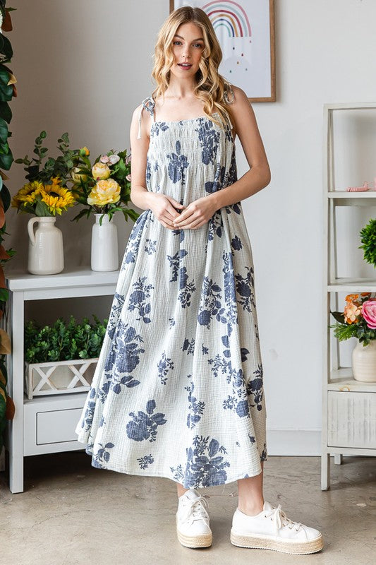 PRINTED TIE STRAPS SMOCKED FRONT MAXI DRESS