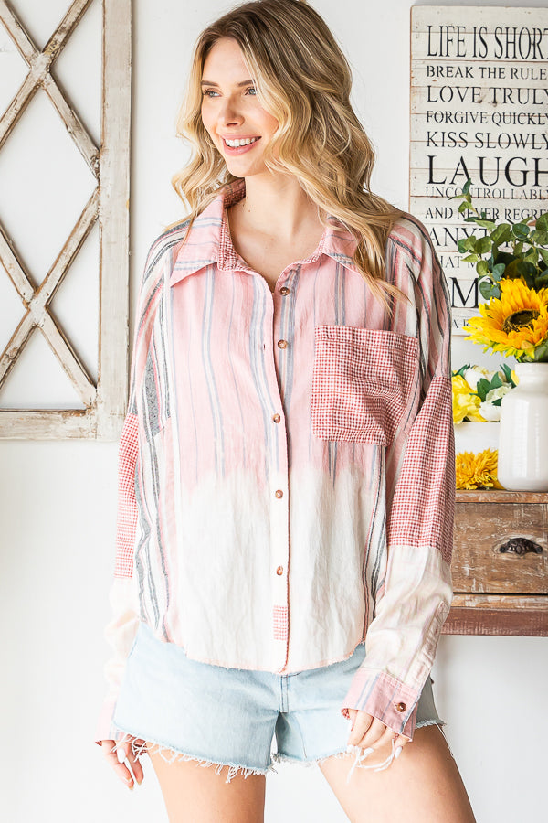 WASHED MIXED PLAID POCKET LONG SLEEVE SHIRT