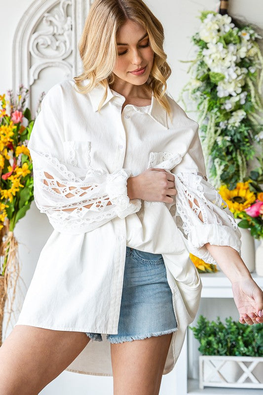 MINERAL WASHED EMBROIDERY ORGANZA SLEEVE SHIRTS