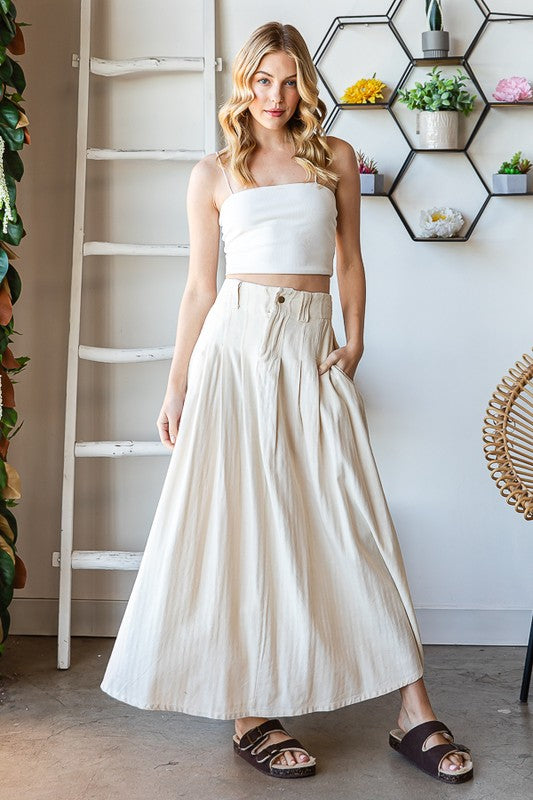 WASHED PLEATED DETAIL FLARE HEM MAXI SKIRT