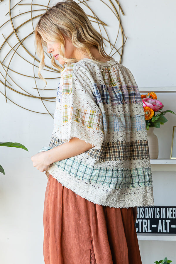 WASHED LACE INSERT PLAID MIX KNIT TOP