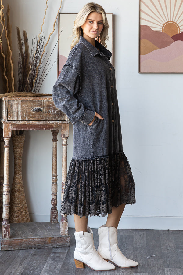 WASHED FLARE RUFFLE LACE HEM MIDI SHIRT DRESS