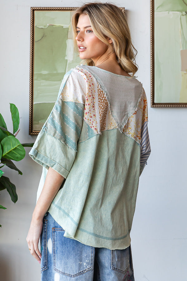 WASHED PRINTED HALF PLACKET HENLEY NECK SHIRT