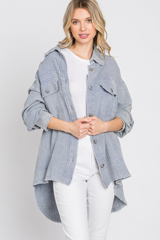WASHED DOUBLE GAUZE BUTTON FRONT OVERSIZED SHACKET