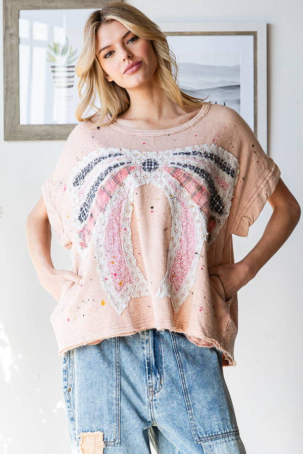 PAINT SPLATTER DETAIL RIBBON PATCHWORK TOP
