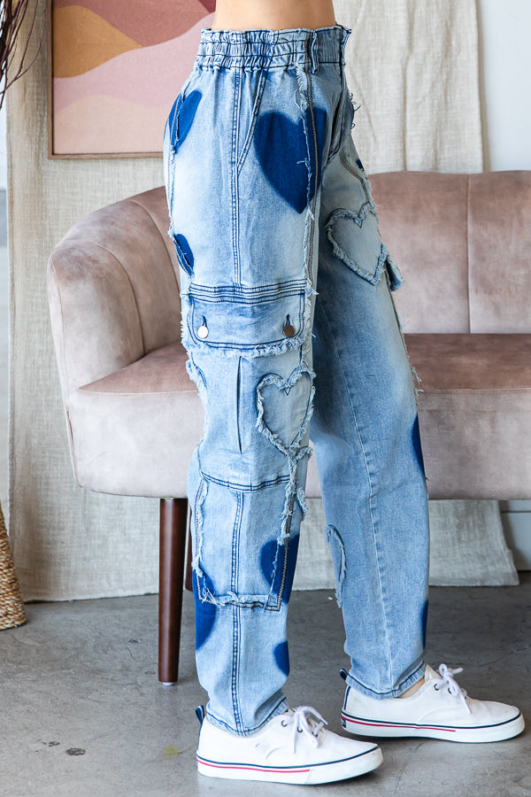 WASHED HEART DETAIL MID RISE STRETCH DENIM JEANS