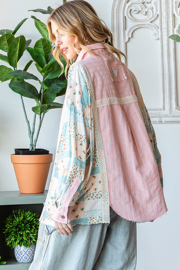 WASHED MIX MEDIA STRIPED BUTTON DOWN SHIRT