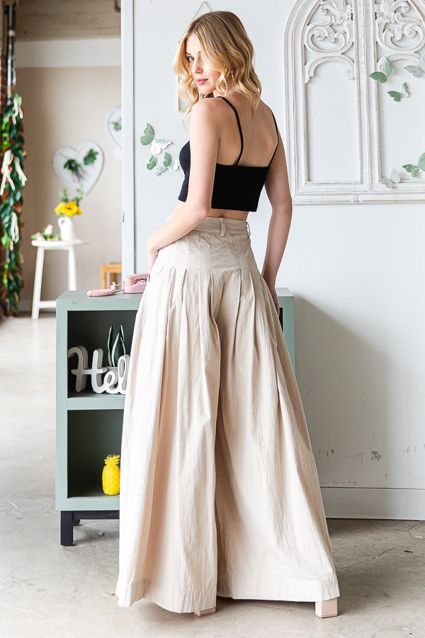 WASHED COTTON PLEATED WIDE LEG PANTS