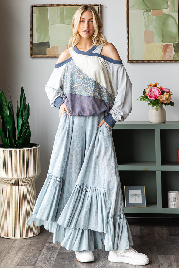 WASHED WIDE LEG RUFFLED HEM PANTS