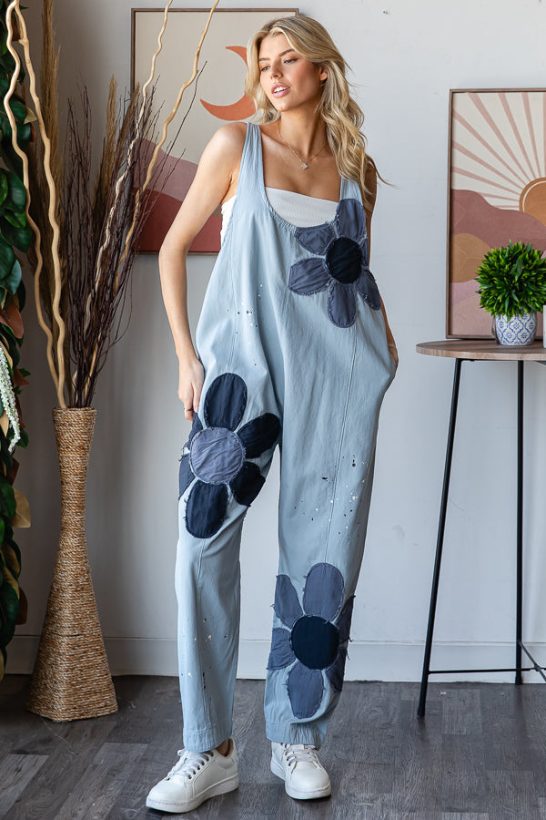 WASHED BIG FLOWER PATCHWORK OVERALL