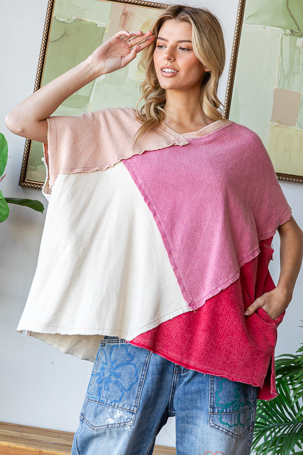 WASHED COLORBLOCK WIDE V NECK SHORT SLEEVE TOP