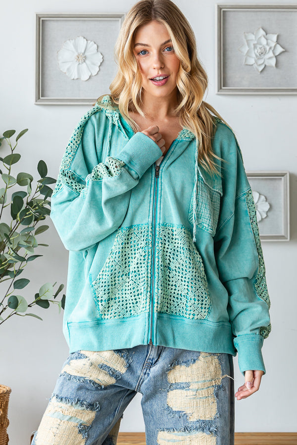 WASHED BACK TWIST DETAIL HOODED ZIP UP JACKET