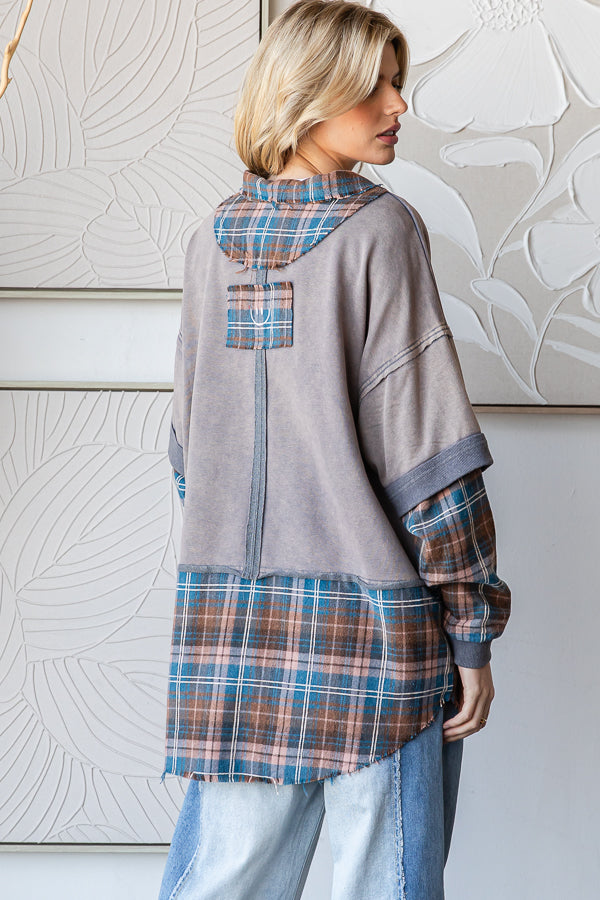 WASHED PLAID CONTRAST MIX MEDIA SHIRT