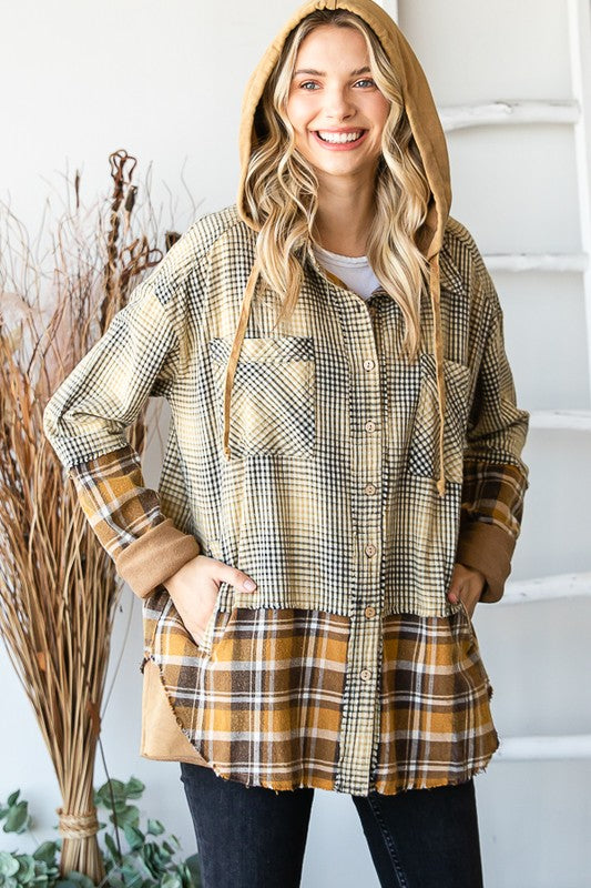 WASHED PLAID MIXED HOODED BUTTON FRONT SHACKET