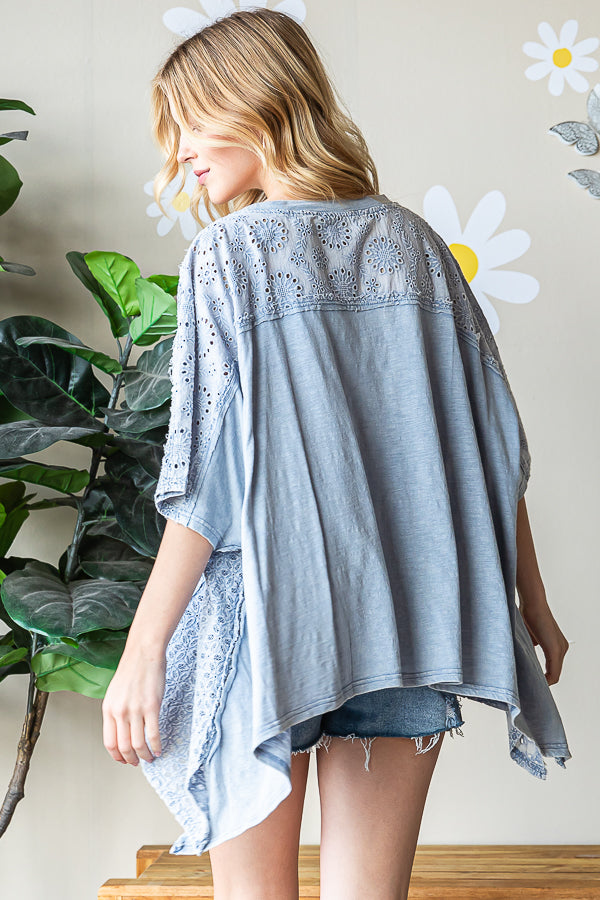 WASHED ASYMMETRICAL HEM OVERSIZED EYELET TOP