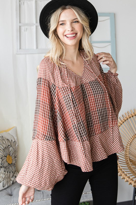 PLAID KEYHOLE TIE NECK DOLMAN SLEEVE BLOUSE