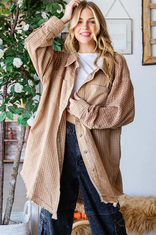 WASHED MIX MEDIA LONG SLEEVE FRAYED HEM SHIRT