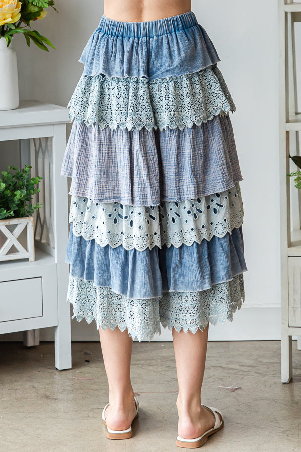 WASHED MIX MEDIA TIERED WIDE LEG CROPPED PANTS