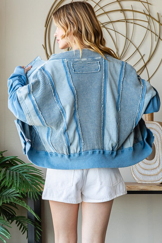 ZIP FRONT MIX HOODED CROPPED JACKET