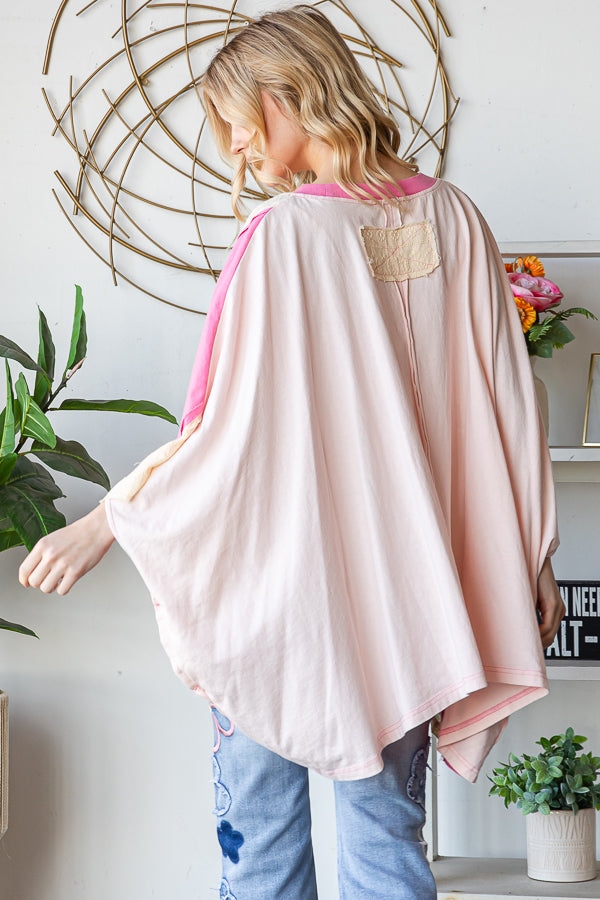 WASHED BUTTERFLY PATCHWORK HENLEY NECK KNIT TOP