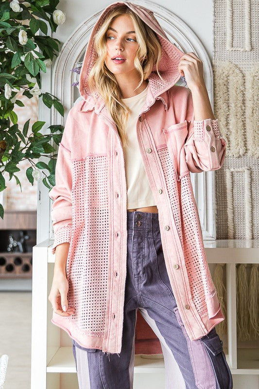WASHED MIX MEDIA BUTTON DOWN HOODED SHACKET
