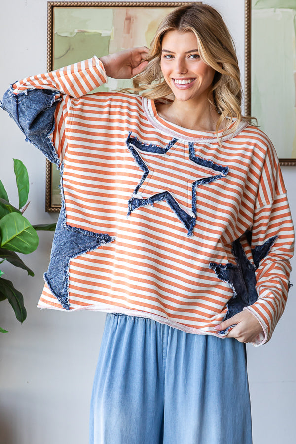 STAR PATCHWORK STRIPED DROP SHOULDER TOP