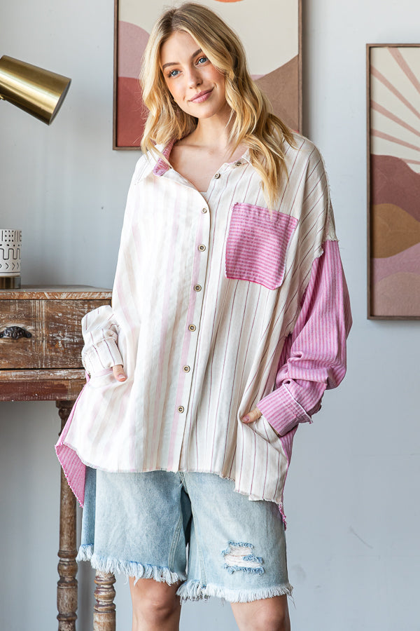 WASHED MULTI STRIPED LONG SLEEVE SHIRT