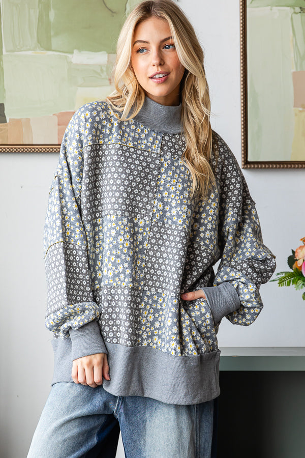FLORAL PATTERNED FUNNEL NECK LONG SLEEVE SWEATER