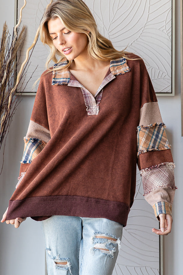 WASHED PATCHWORK COLLARED V NECK PULLOVER TOP