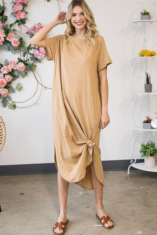 WASHED COTTON SHORT SLEEVE OVERSIZED MIDI DRESS