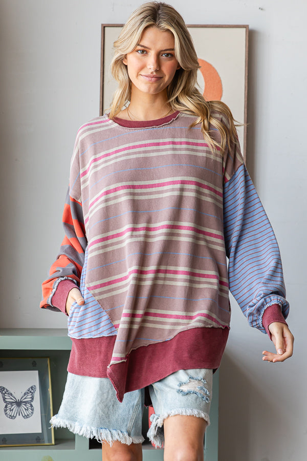 MULTICOLOR STRIPED LONG SLEEVE OVERSIZED TOP