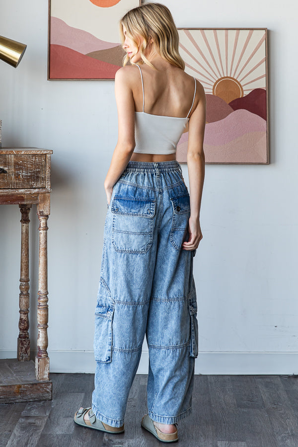 WASHED 3D POCKETS WIDE LEG CARGO DENIM PANTS