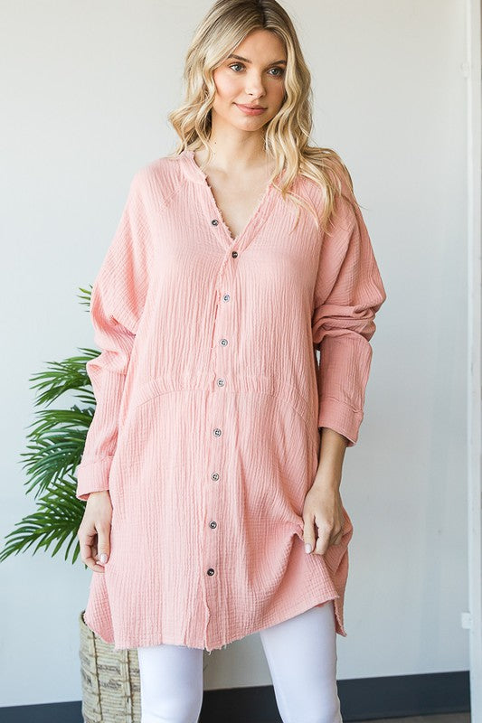 WASHED V NECK BUTTON DOWN FRONT GAUZE SHIRT