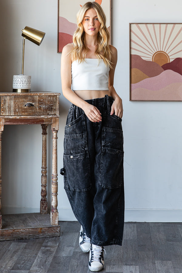 MINERAL WASHED WIDE LEG CARGO DENIM JEANS