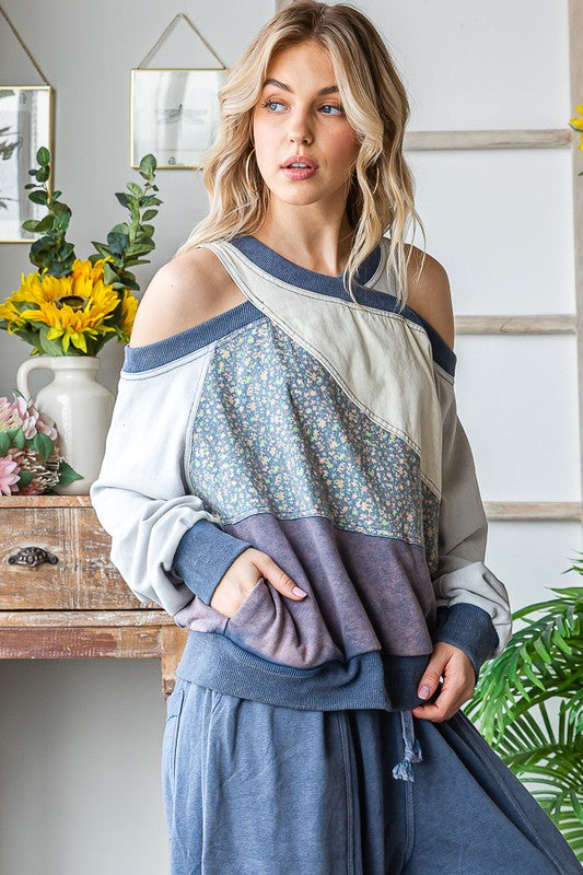 WASHED MIX MEDIA CUTOUT SHOULDER PULLOVER TOP
