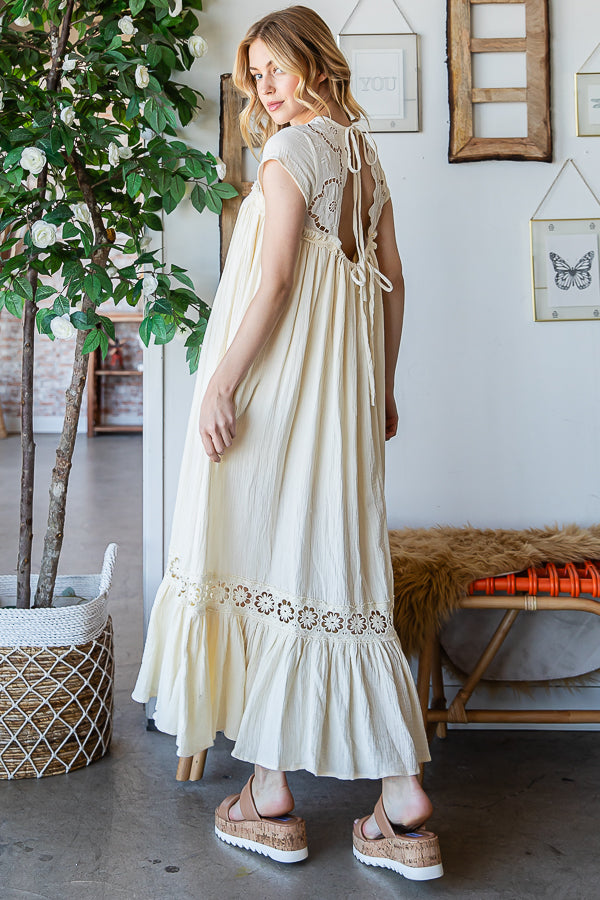 CROCHET YOKE RUFFLE FLARE HEM GAUZE MAXI DRESS