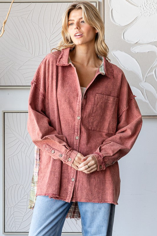 WASHED PLAID PACTHWORK BACK DETAIL SHIRT