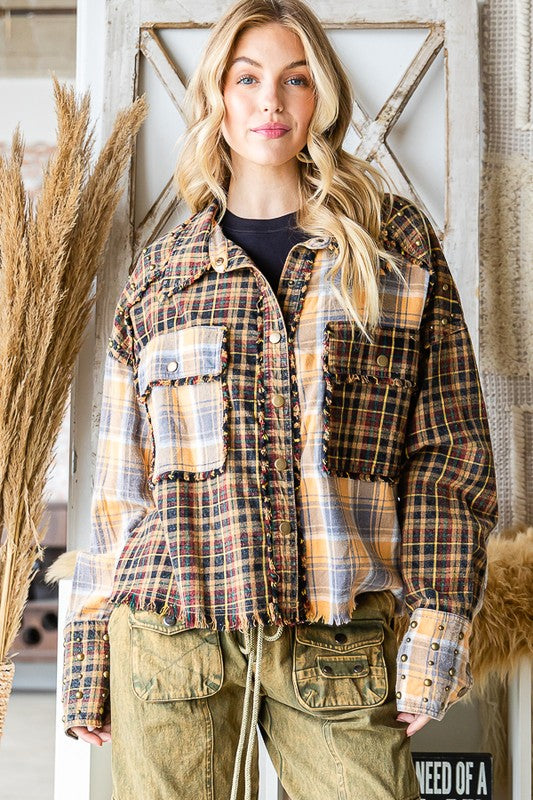 STUDDED DETAIL MULTI MIX PLAID SHIRT