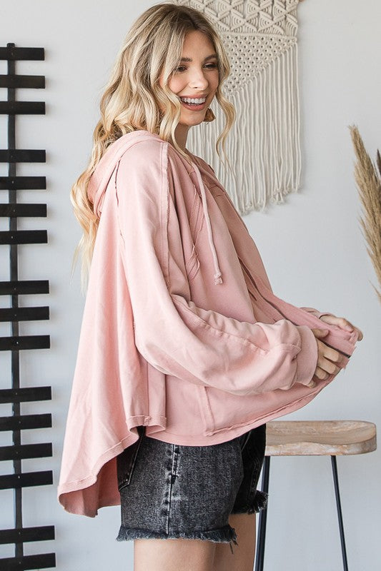 ZIPPER FRONT DETAIL COTTON BLEND HOODIE