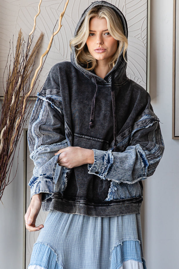 WASHED MIXED DENIM HOODED PULLOVER TOP