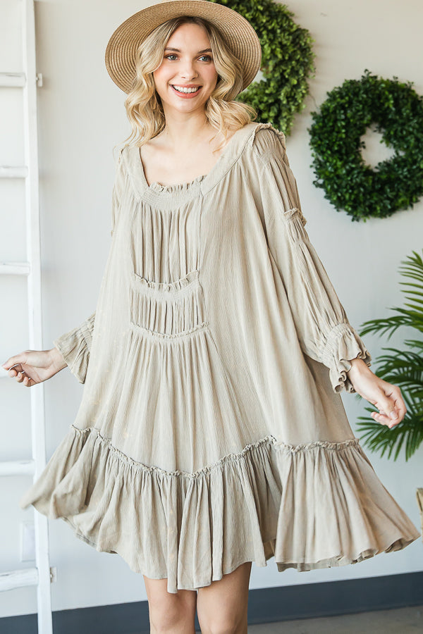 WASHED SCOOP NECK RUFFLE HEM BABYDOLL DRESS