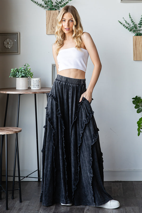 RUFFLE DETAIL WIDE LEG FLARE PANTS