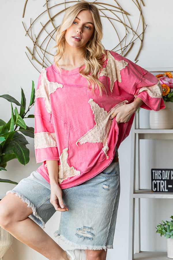 WASHED STAR PATCHWORK SHORT SLEEVE TOP